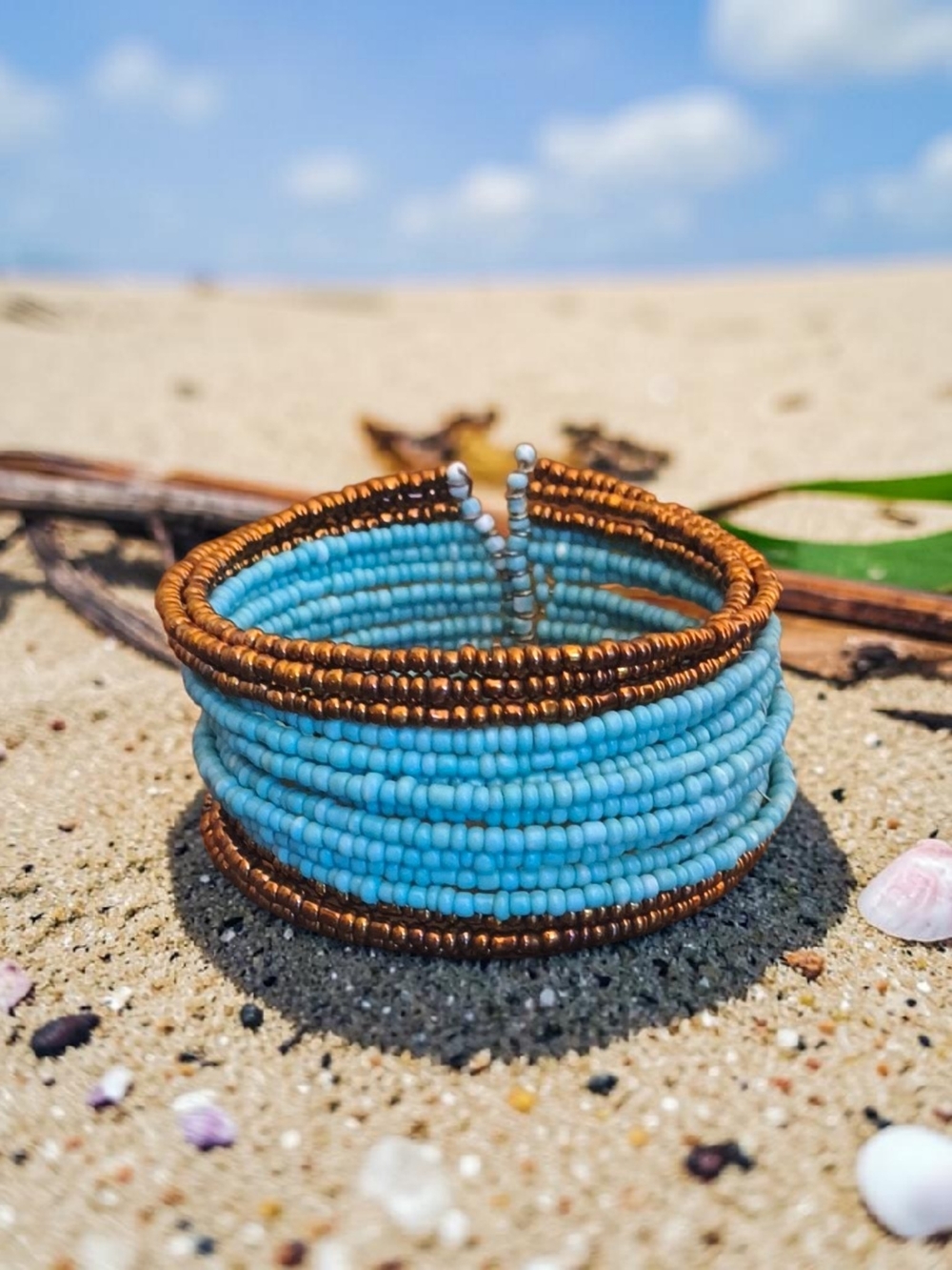 Blue and Bronze Seed Bead Wrap Bracelet
